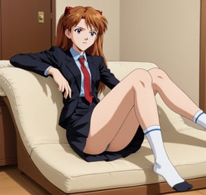 ASUKA LANGLEY SORYU,LONG HAIR,BLUE EYES,BROWN HAIR,HAIR ORNAMENT, black suit, black skirt, red tie,open sack, alone, relaxing, in the house, long socks 