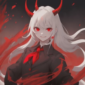 girl, wearing black suit, With tie, red shirt, white horns, red eyes, cute smile, alone, maximum power