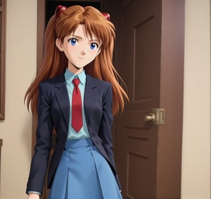 ASUKA LANGLEY SORYU,LONG HAIR,BLUE EYES,BROWN HAIR,HAIR ORNAMENT, black suit, blue skirt, red tie,open sack, alone, in the house ,cute, high_resolution, 4K, 