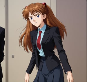 ASUKA LANGLEY SORYU,LONG HAIR,BLUE EYES,BROWN HAIR,HAIR ORNAMENT, black suit, black skirt, red tie,open sack