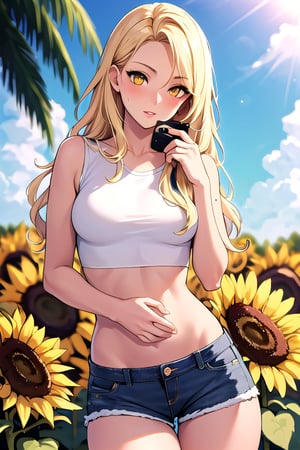 masterpiece, best quality, (self review: 1.5), beautiful woman, very long blond wavy hair. golden eyes. Lush lips,  slim body. blushing. Jean Shorts and crop top . Summer. Sunflowers. Outside.