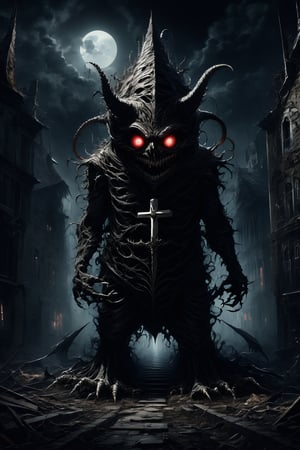 highly detailed, masterpiece, good quality, diabolical (medium short shot) monster, alone, satanic, standing, white eyes, inverted crosses, terrifying, demon, wounds on the palms of the hands, priest's outfit, abandoned church, night, fear