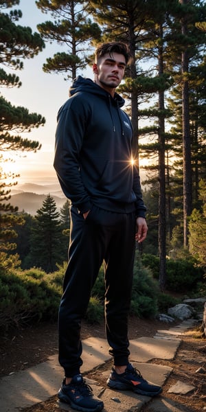 under the soft glow of a setting sun, a full body of a handsome man with rugged features stands confidently. He wears a sleek, midnight blue hoody, its fabric catching the last rays of daylight. Behind him, towering pine trees frame a distant waterfall, its cascading waters shimmering in the golden hour light."






