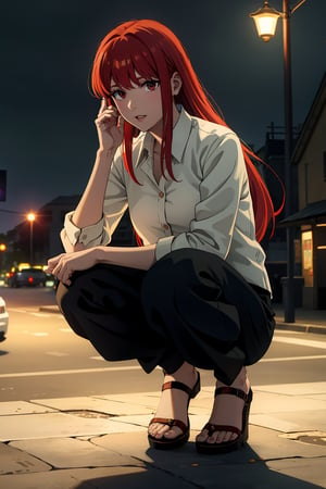 1girl, solo, long hair, looking at viewer, bangs, red eyes, shirt, black hair, holding, jewelry, full body, white shirt, outdoors, food, shorts, sleeveless, nail polish, bracelet, black pants, night, eating, sandals, squatting, long sleeve shirt, holding cigarette, building, hand on own face, popsicle, ice cream ,flash,flashlight,makima \(chainsaw man\) , red_hair , red_eyes ,makimacsm,masterpiece, leather sandals