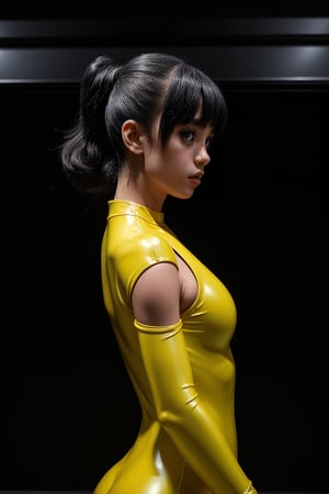 In a dramatic sideview pose, a diminutive girl dons a sleek futuristic Bruce Lee yellow spacesuit on a spaceship's metallic floor. Her unsmiling gaze directly confronts the viewer as her short neck and black hair frame her enigmatic face. The glossy yellow ceramic-plastic bodysuit accentuates her hyper huge breasts and slender physique, while white and black accents pop against the dark cosmos backdrop. Stars and planets twinkle through the window, casting an ethereal glow on her serious expression.