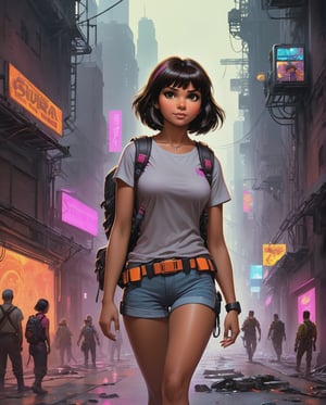 In a gritty cyberpunk metropolis, ((Dora the Explorer costume))morphs into a stunning digital painting, bathed in neon hues and high-contrast lighting. Her portrait, akin to Henriette Kaarina Amelia von Buttlar's realistic artwork, exudes fashion sense and tenacity. Framed by towering skyscrapers and holographic advertisements, Dora's striking visage dominates the composition, her eyes gleaming like LED lights in a darkened alleyway. Amidst this dystopian landscape, her pose screams defiance, as if ready to conquer the virtual realm with nothing but a backpack full of digital gadgets.,.., in the style of Frank Frazetta, Arthur Rackham, Dean Cornwell, pulp, volumetric lighting, dramatic lighting, pulp sci-fi, black, smoke, belt, backpack, warm colors NSFW, (((slender legs))) bob hairstyle