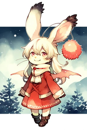 score_9, score_8_up, score_7_up, source_furry, rating_safe, hi res, high quality, kemono, watercolor \(medium\), concept art, final fantasy, solo, moogle, 1girl, midget, short legs, rabbit ears, dipstick ears:1.2, pink pompom, pink wings, white fur, (white hair, long hair, straight hair, hiar between eyes:1.2), pink eyes, winter clothes, red dress:1.2, gentle smile, 