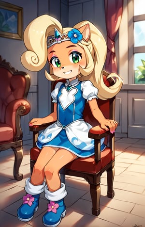 score_9,score_8_up,score_7_up, rating_safe, hd, (ultra hd quality details), kemono, indoors, bedroom, solo, coco bandicoot, green_eyes, flower on head, tiara, princess costume, (short sleeves, puffy sleeves, white sleeves), blue dress, short dress:1.1, blue boots, sitting on chair, faint smile, looking at viewer