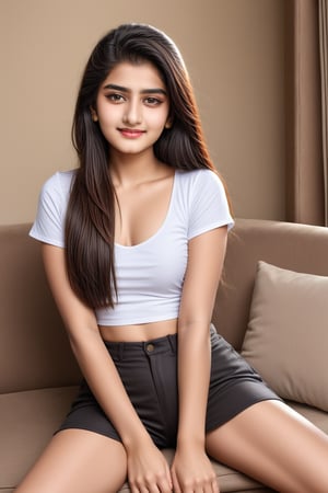 beautiful cute young attractive indian teenage girl, village girl, 18 years old, cute, Instagram model, long black_hair, colorful hair, warm, dacing, in home sit at sofa, indian

