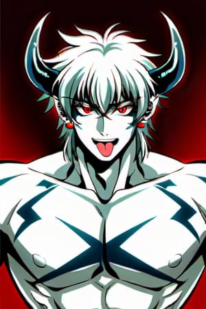 masculine, man, male, high quality, perfect face, bangs in face, manhua anime style, naked, white hair, red eyes, has head horns, lots of fancy and body piercings, arm tattoos, hot pose, sensual, looking at viewer, showing chest, sticking, out tongue, pale skin, handsome, muscular, big breasts