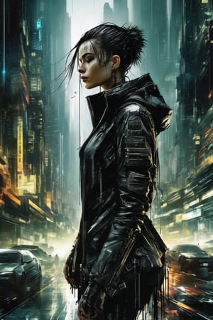 sexy  woman standing in front of a city, sexy , dark cyberpunk illustration, cyberpunk dark fantasy art, cyberpunk themed art, very beautiful cyber dark russ mills