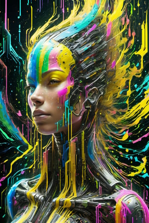 cyber full body, An Abstract surreal n Abstract surreal colorful simple painted newage cyborg spacegirl with long vibrant hair throughout the frame, high collar, blushed smiling, yellow-black Blood fountain in Outer space, made of code lines, vertical code lines, horizontal code lines, Made of intertwining code lines, weaving over and under each other throughout the frame, emphasis effect, moire effect, awash in colorful shades, seamlessly extends the code lines masterpiece Meaningful Visual Art, Detailed Painting, Digital Illustration, Unreal Engine 5, cyber matrix