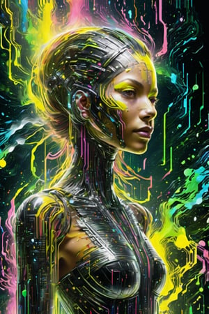 cyber full body, An Abstract surreal n Abstract surreal colorful simple painted newage cyborg spacegirl with long vibrant hair throughout the frame, high collar, blushed smiling, yellow-black Blood fountain in Outer space, made of code lines, vertical code lines, horizontal code lines, Made of intertwining code lines, weaving over and under each other throughout the frame, emphasis effect, moire effect, awash in colorful shades, seamlessly extends the code lines masterpiece Meaningful Visual Art, Detailed Painting, Digital Illustration, Unreal Engine 5, cyber matrix