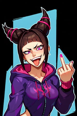 score_9, score_8_up, score_8., front view, 1girl, juri from street fighter, wearing a stylish spider hoodie, mouth open, tongue out, giving the middle finger, solo, breasts, simple background, looking at viewer, smile, upper body, ass, animification, , sketch,gesugao, disgust, half closed eye, smug,dark theme,concept art,Expressiveh