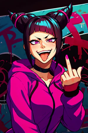 score_9, score_8_up, score_8., front view, 1girl, juri from street fighter, wearing a stylish spider hoodie, mouth open, tongue out, giving the middle finger, solo, breasts, Graffiti background, looking at viewer, smile, upper body, ass, animification, , sketch,gesugao, disgust, half closed eye, smug,dark theme,concept art,Expressiveh