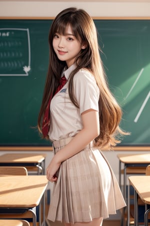 class_room,high school student,girl,very_long_hair,bangs,wearing different high school uniform,she is standing at blackboard,smile,Best Quality, 32k, photorealistic, ultra-detailed, finely detailed, high resolution, perfect dynamic composition, beautiful detailed eyes, sharp-focus, cowboy_shot, front shot,