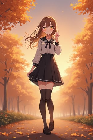 1girl, serafuku, black sailor collar, black skirt, black thighhighs, loafers, A girl is standing among the autumn leaves under an autumn sky and sunset sky in a dirt road, very beautiful upper body illustration, strong wind,, hand in own hair, looking at viewer,