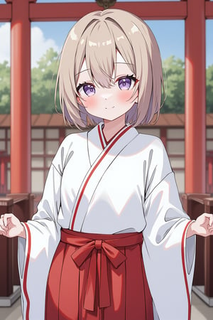 1girl,
smile, (looking at viewer:1.2),
miko, red hakama, white kimono, ribbon-trimmed sleeves, ribbon trim,
shrine,