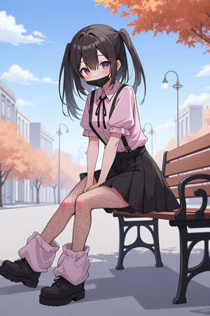 1girl, black straight twintails,
smile, (looking at viewer:1.2),
jirai kei, pink frilled shirt, pink shirt, pink collared shirt, black short skirt, suspender skirt, shirt tucked in, short sleeves, puffy sleeves, fishnet pantyhose, loose socks, platform footwear, ribbon, frills, black surgical mask, mask, neck ribbon,
sitting on bench in a city with blue sky and lamppost and buildings and cloud and autumn leaves tree,