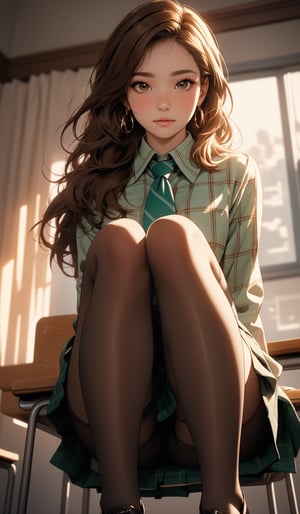 A cinematic masterpiece! A solo beauty, sitting in a school setting, gazes up from below with brown eyes and hair adorned with an ornament. Her short locks frame her face, which is a work of art with extremely detailed skin and vibrant colors. She wears a green plaid skirt, unbuttoned white shirt, and long school tie, exuding an air of innocence and shame. Her beauty legs are the focal point, as if trying to hide her embarrassment. The cinematic lighting highlights her features, with a subtle depth of field effect. Her delicate brown hair falls gently on her cheeks, and her skin has a radiant glow. She sits in a school setting, surrounded by an atmosphere of quiet contemplation, with a hint of NSFW intimacy.