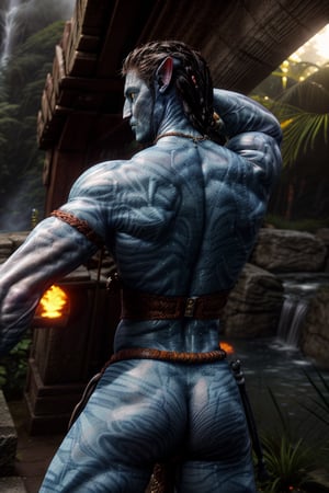 Here's a prompt based on your input: Jake Sully stands strong, his vibrant blue skin glowing in the warm sunlight. His black hair flows like a waterfall down his back, and he wears a necklace of wavy locks that seem to dance in the gentle breeze. His eyes blaze with a bright yellow intensity as he flexes his muscular physique, showcasing his impressive pecs and biceps. The camera frames him from the waist up, with a shallow depth of field emphasizing the texture of his skin and the flow of his hair. He is comletely nude showing his extremly big penis.