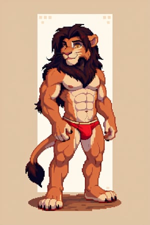 anthro, muscular, lion, kovu from the lion king, by_{mizuty}, solo, handsome, large bulglooking at his body, standing, thick hair, fluffy fur, only red underwear, pixel style, holding a sword