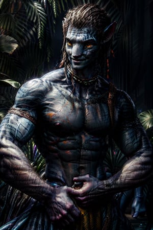 standing, young, jake_sully, blue skin, yellow eyes, looking at you with arrogance, smirk, muscular