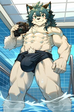 by_{girlsay}, muscular, cat, anthro, furry, shy smile, standing in the water, swimming pool, fluffy fur, fluffy  anime hair, watertrunks, big bulge, camera from below