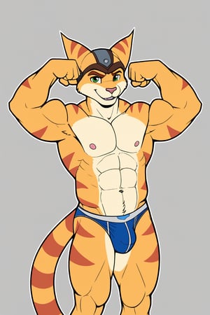 by_{arbuzbudesh}, muscular, anthro, lombax, ratchet, flexing, only underwear, aroused