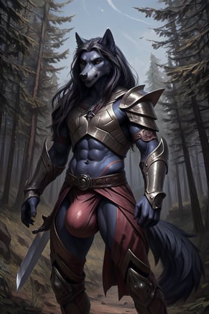 anthro, male, big bulge, muscular, wolf, by_{tarakanovich}, forest, sky, long hair, warrior armour, holding a sword