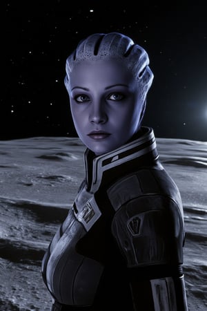 LiaraTsoni,A portrait of a female alien on the surface of the moon in a cafe,theme of sci-fi Mass Effect, 