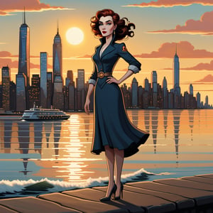 A majestic full-length portrait of a confident woman standing proudly on the waterfront, with the majestic expanse of Hudson Bay stretching out behind her. She wears stylish shoes and stands tall, her gaze outward toward the open water. The Manhattan skyline rises in the distance, casting a subtle glow over the scene as the sun sets beyond the horizon.,PixelGameArt,cartoon Tim Burton art