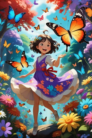 A whimsical and dreamy digital painting featuring a stylized character with large, round eyes and a slender body, surrounded by a vibrant color explosion. The character's head is adorned with butterflies, flowers, and abstract shapes, creating a vivid and dynamic pattern. The predominant colors are black, white, and shades of purple, blue, and red. The character exudes joy and excitement with their playful pose, reflecting their boundless enthusiasm and energy,Cute Ghibli Cartoon