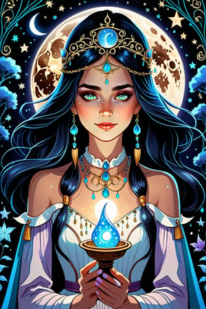 A mesmerizing white ink portrait of a young witch, capturing the essence of enchantment and mystique. The subject's delicate face isadorned with a sprinkle of freckles, large expressive eyes, and a cute, slightly parted mouth. Her shoulder-length hair is accessorized with a small, intricately designed headpiece. Surrounding her are magical elements, including a crescent moon, stars, and mystical plants. The artwork is rendered in the distinct Otto Schmidt style, with a black background that accentuates the intricate details and shading. This captivating piece transcends traditional illustration,