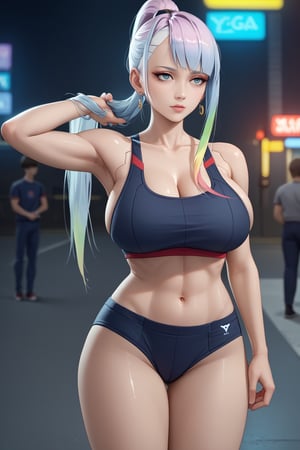 score_9, score_8_up, score_7_up, BREAK,     Woman, 28 yrs, Lucy (cyberpunk edgerunner), huge breasts, Sexy body, flirty, silver hair, long hair, high ponytail, earrings, natural makeup, shiny skin, buruma, sports bra, adjusting clothes, (curvy female), big hair, hair pulled back, ultra detailed, best quality, masterpiece, 4k, streets of Vietnam, Saigon, Ho Chi Minh city, da nang,