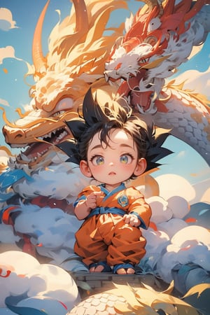 goku, chibi, aged down, child, dragon, male child, eastern dragon