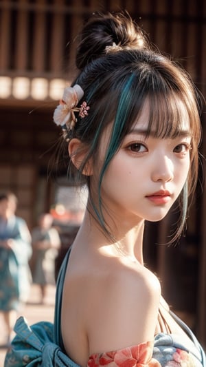 1girl, solo, bangs, light blue ash hair, hair ornament, droopy eyes, upper body, flower, parted lips, japanese clothes, blunt bangs, kimono, hair bun, from side, lips, sash, floral print, single hair bun, realistic, red lips