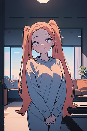 1girl, long hair, white eyes, smile, twintails, forehead, standing, living room, indoor, [fisheye lens:: 1], from front, 2D, flat colors, masterpiece, best quality, absurdres, very aesthetic, newest, General
