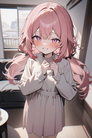 1girl, Yuno Gasai,  long hair, pink eyes, pink hair, smile, low twintails, standing, living room, indoor, [fisheye lens:: 1], masterpiece, best quality, absurdres, very aesthetic, newest, General, tekito midori