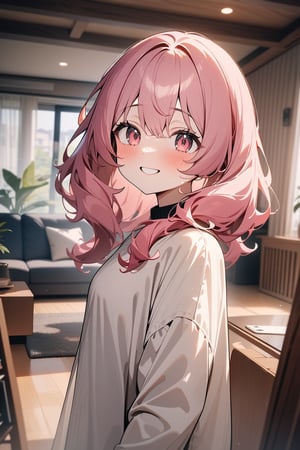 1girl, Yuno Gasai,  long hair, white eyes, pink hair, smile, twintails, forehead, standing, living room, indoor, [fisheye lens:: 1], masterpiece, best quality, absurdres, very aesthetic, newest, General