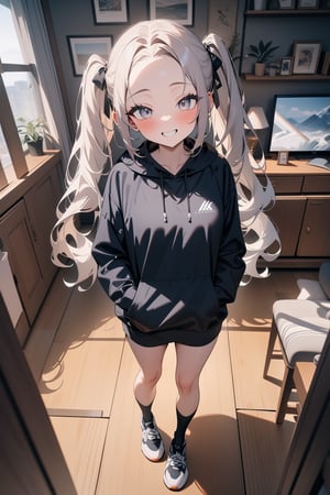 1girl, long hair, white eyes, smile, twintails, forehead, standing, living room, indoor, [fisheye lens:: 1], from front, masterpiece, best quality, absurdres, very aesthetic, newest, General
