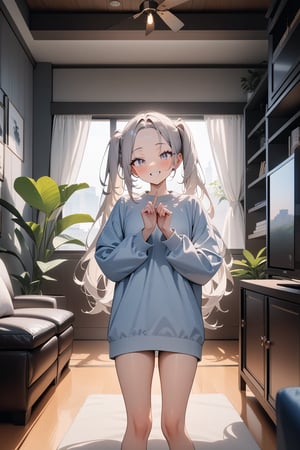 1girl, long hair, white eyes, smile, twintails, forehead, standing, living room, indoor, [fisheye lens:: 1], masterpiece, best quality, absurdres, very aesthetic, newest, General