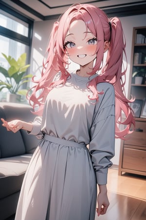 1girl, long hair, white eyes, pink hair, smile, twintails, forehead, standing, living room, indoor, [fisheye lens:: 1], masterpiece, best quality, absurdres, very aesthetic, newest, General
