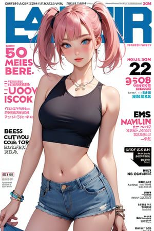 1girl, solo, long hair, breasts, looking at viewer, blush, bangs, blue eyes, navel, twintails, jewelry, medium breasts, standing, pink hair, thighs, cowboy shot, shorts, midriff, stomach, nail polish, mole, bracelet, lips, crop top, short shorts, makeup, beach, cover, tank top, denim, contrapposto, denim shorts, cutoffs, magazine cover