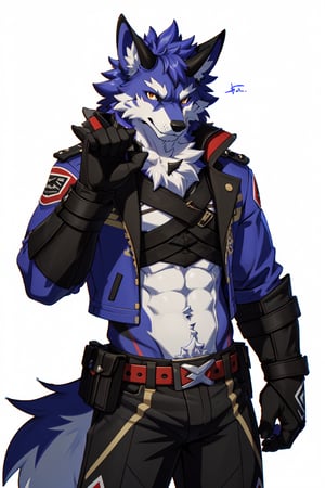 score_9, score_8_up, score_7_up, source_anime, male, solo, muscular, wolf anthro, itto, paw pose, tsundere, looking at viewer, cowboy shot, shy, red, horns, by_{patto}, furry