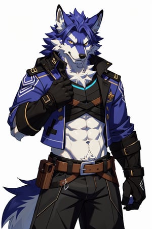 score_9, score_8_up, score_7_up, source_anime, male, solo, muscular, wolf anthro, itto, paw pose, tsundere, looking at viewer, cowboy shot, shy, aggressive_pomelo118,, by_{patto}