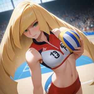 score_9, score_8_up, score_8,newest,
BREAK,1girl,lsmndef, green eyes, blonde hair, very long hair, bangs, hair over one eye,volleyball uniform,grabbing ball,volleyball court,Olympics,crowded,attractive image