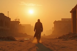 Destroyed desert town,the man walking,sandstorm,sunset