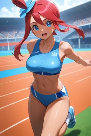 score_9, score_8_up, score_8,newest,BREAK,1girl,solo,,SKYLA_(POKEMON),buruma,track uniform,looking at viewer,perfect hands,running,running on an athletic track,Olympics,crowded, attractive image