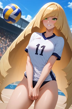 score_9, score_8_up, score_8,newest,
BREAK,1girl,lsmndef, green eyes, blonde hair, very long hair, bangs, hair over one eye,smile,volleyball uniform,grabbing ball,volleyball court,Olympics,crowded,attractive image